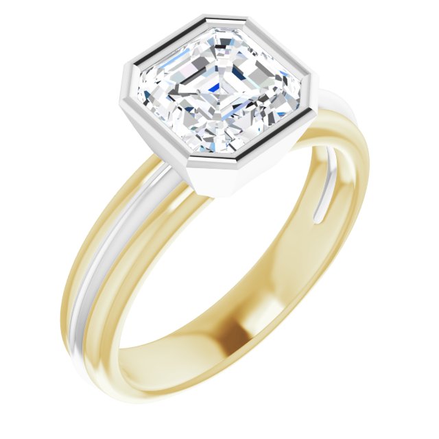 14K Yellow & White Gold Customizable Bezel-set Asscher Cut Solitaire with Grooved Band