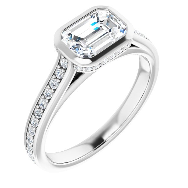 10K White Gold Customizable Cathedral-Bezel Emerald/Radiant Cut Design with Under Halo and Shared Prong Band