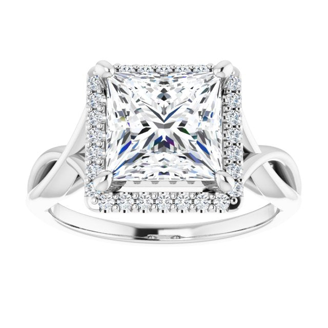 Cubic Zirconia Engagement Ring- The Yawén (Customizable Cathedral-Halo Princess/Square Cut Design with Twisting Split Band)