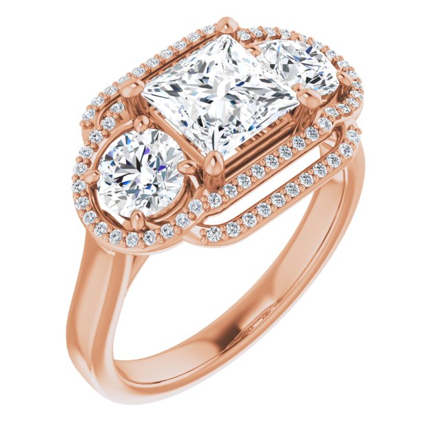 10K Rose Gold Customizable Cathedral-set Enhanced 3-stone Princess/Square Cut Design with Multidirectional Halo