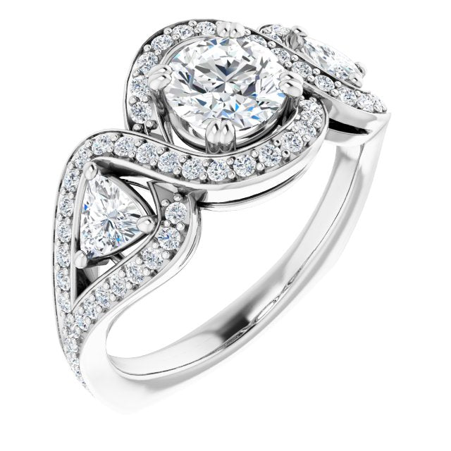 10K White Gold Customizable Round Cut Center with Twin Trillion Accents, Twisting Shared Prong Split Band, and Halo