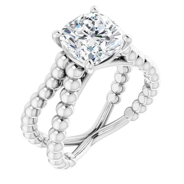 10K White Gold Customizable Cushion Cut Solitaire with Wide Beaded Split-Band