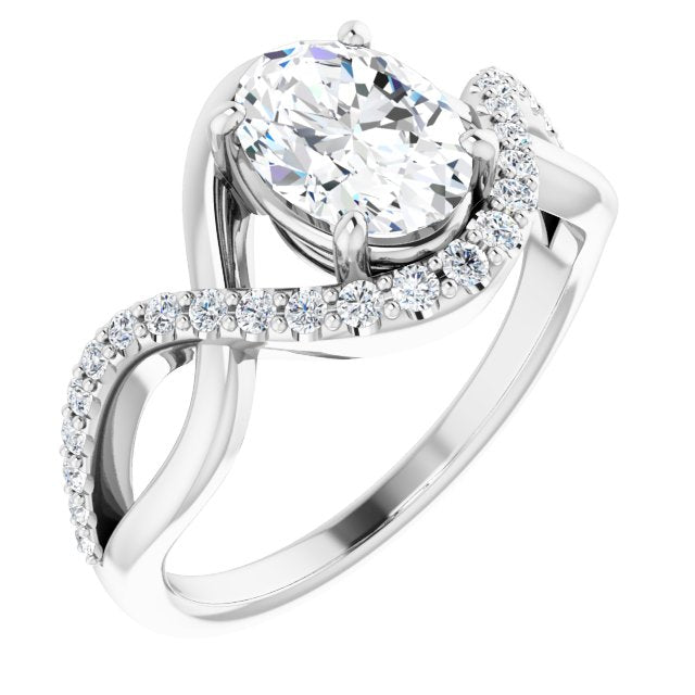 Cubic Zirconia Engagement Ring- The Kwan Lee (Customizable Oval Cut Design with Semi-Accented Twisting Infinity Bypass Split Band and Half-Halo)