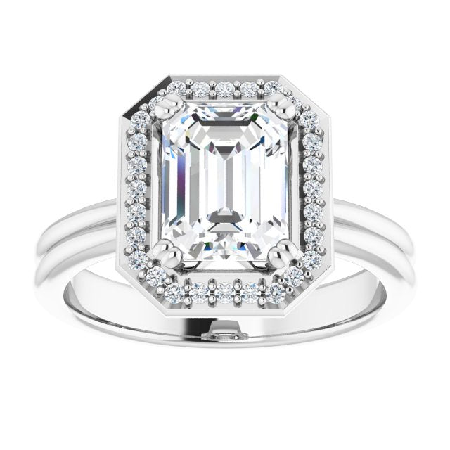 Cubic Zirconia Engagement Ring- The Jeanine Marie (Customizable Emerald Cut Style with Scooped Halo and Grooved Band)