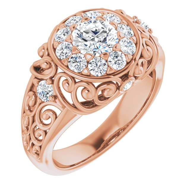 10K Rose Gold Customizable Round Cut Halo Style with Round Prong Side Stones and Intricate Metalwork