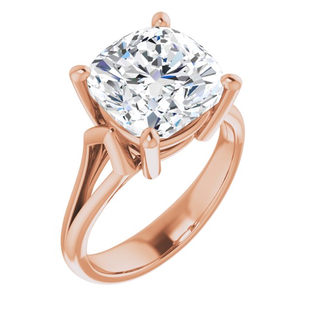 10K Rose Gold Customizable Cathedral-Raised Cushion Cut Solitaire with Angular Chevron Split Band