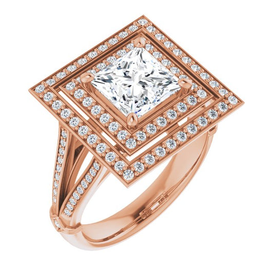 10K Rose Gold Customizable Cathedral-set Princess/Square Cut Design with Double Halo, Wide Split-Shared Prong Band and Side Knuckle Accents