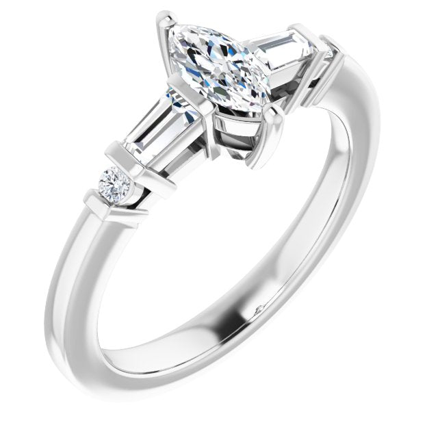 10K White Gold Customizable 5-stone Baguette+Round-Accented Marquise Cut Design)