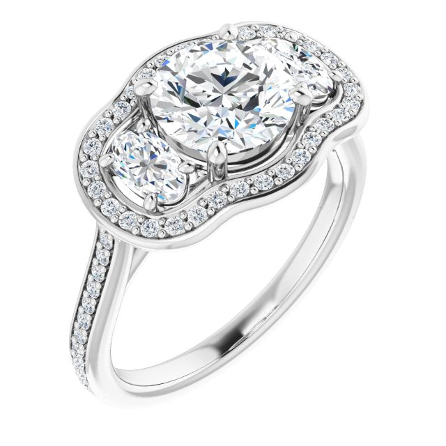 10K White Gold Customizable Round Cut Style with Oval Cut Accents, 3-stone Halo & Thin Shared Prong Band