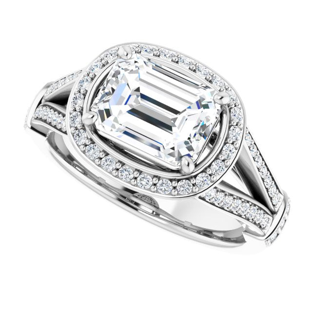 Cubic Zirconia Engagement Ring- The Cecelia (Customizable Radiant Cut Horizontal Setting with Halo, Under-Halo Trellis Accents and Accented Split Band)