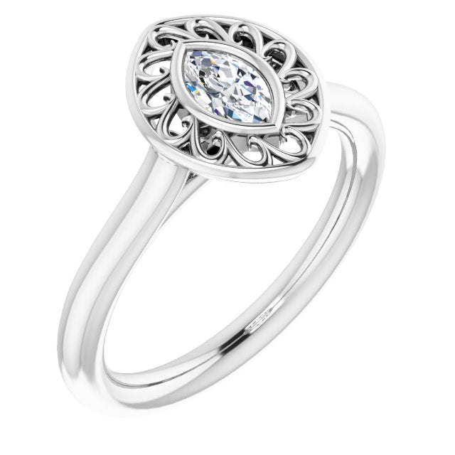 10K White Gold Customizable Cathedral-Bezel Style Marquise Cut Solitaire with Flowery Filigree