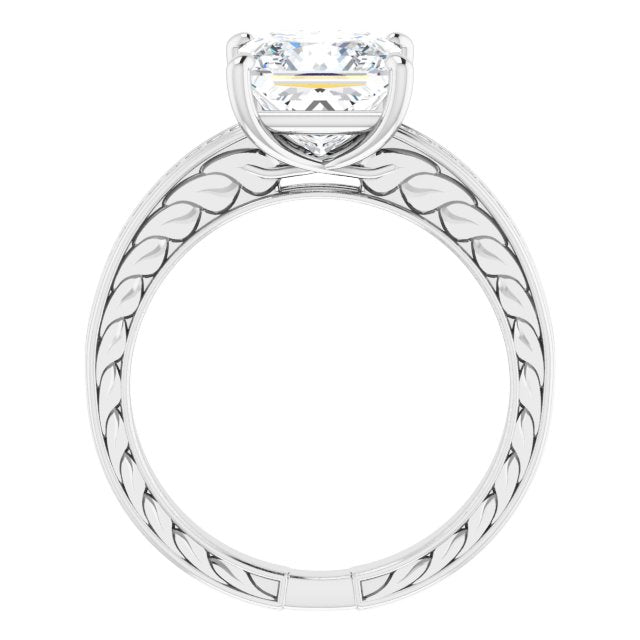 Cubic Zirconia Engagement Ring- The Angie (Customizable Princess/Square Cut Design with Rope-Filigree Hammered Inlay & Round Channel Accents)