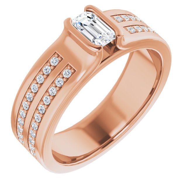 10K Rose Gold Customizable Bezel-set Emerald/Radiant Cut Design with Thick Band featuring Double-Row Shared Prong Accents