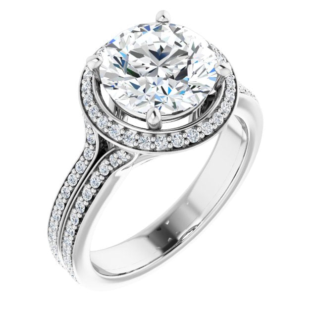 14K White Gold Customizable Cathedral-raised Round Cut Setting with Halo and Shared Prong Band