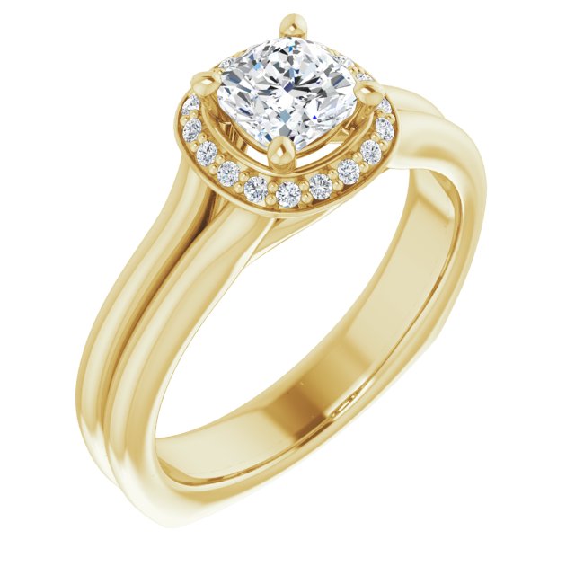 10K Yellow Gold Customizable Cushion Cut Style with Halo, Wide Split Band and Euro Shank