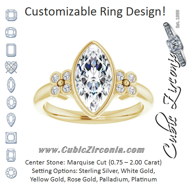Cubic Zirconia Engagement Ring- The Kjerstin Rose (Customizable 9-stone Bezel-set Marquise Cut Design with Quad Round Bezel Side Stones Each Side)
