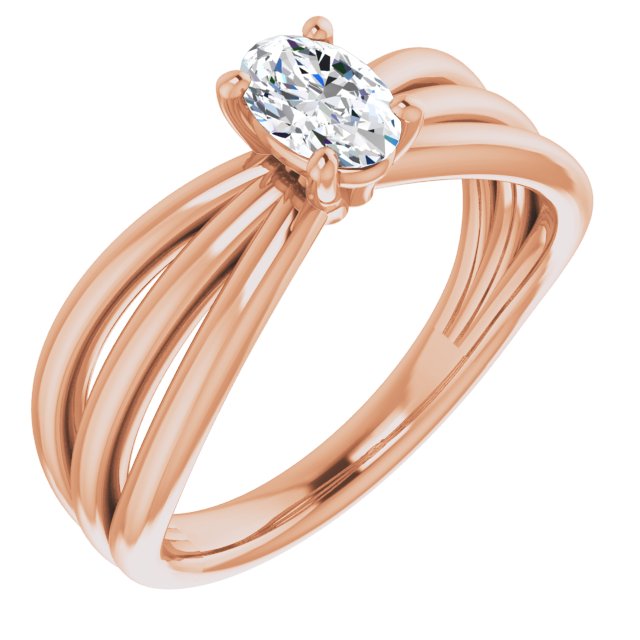 10K Rose Gold Customizable Oval Cut Solitaire Design with Wide, Ribboned Split-band