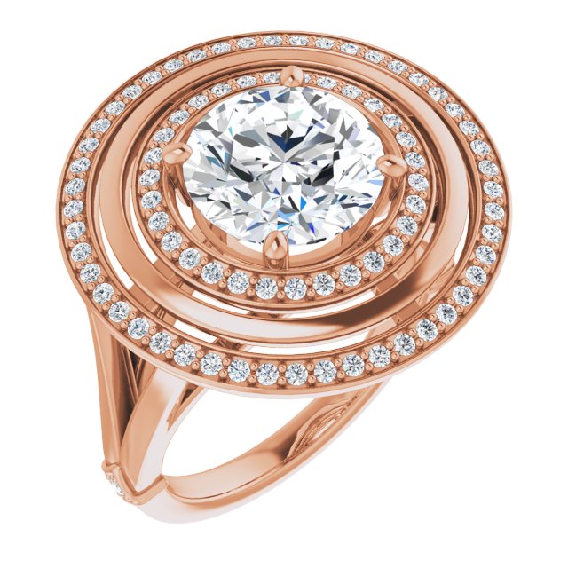 14K Rose Gold Customizable Round Cut Oversized 2x Halo Style with Knuckle Accented Split Band