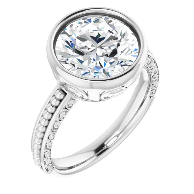 10K White Gold Customizable Bezel-set Round Cut Solitaire with Beaded and Carved Three-sided Band