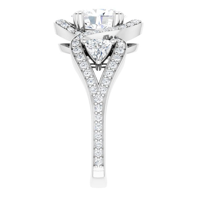 Cubic Zirconia Engagement Ring- The Ana Miranda (Customizable Oval Cut Center with Twin Trillion Accents, Twisting Shared Prong Split Band, and Halo)
