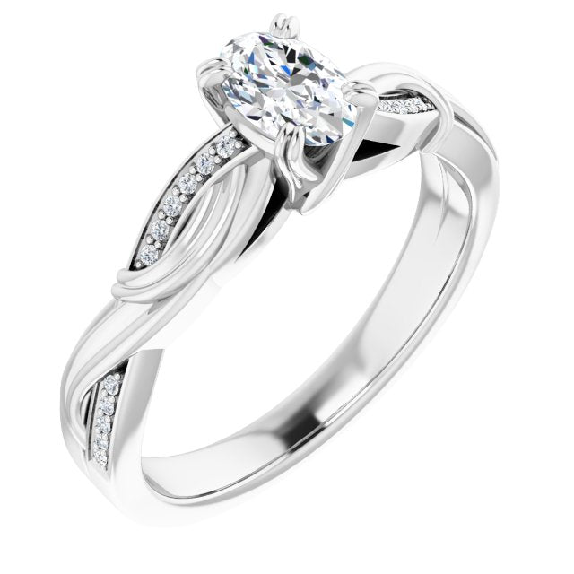 10K White Gold Customizable Cathedral-raised Oval Cut Design featuring Rope-Braided Half-Pavé Band