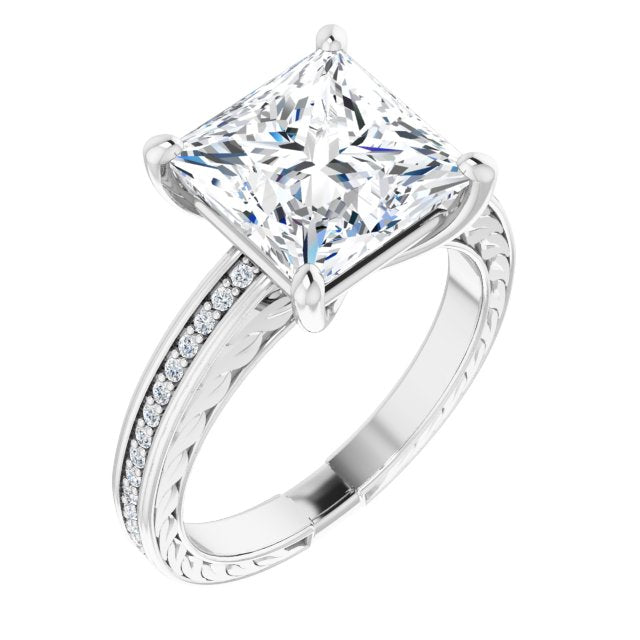 10K White Gold Customizable Princess/Square Cut Design with Rope-Filigree Hammered Inlay & Round Channel Accents