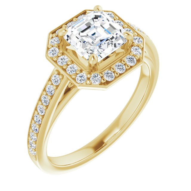 10K Yellow Gold Customizable Asscher Cut Style with Halo and Sculptural Trellis