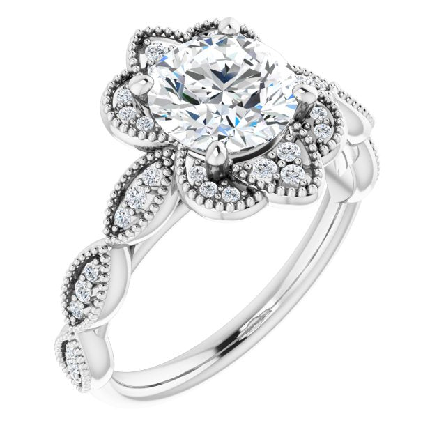 10K White Gold Customizable Cathedral-style Round Cut Design with Floral Segmented Halo & Milgrain+Accents Band