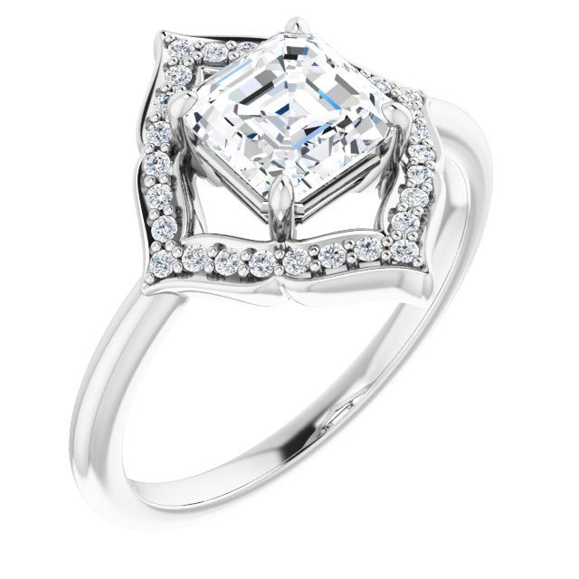 10K White Gold Customizable Asscher Cut Style with Artistic Equilateral Halo and Ultra-thin Band