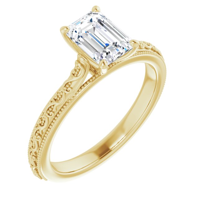 10K Yellow Gold Customizable Emerald/Radiant Cut Solitaire with Delicate Milgrain Filigree Band