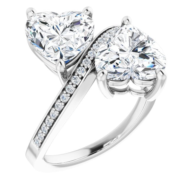 Cubic Zirconia Engagement Ring- The Ellie (Customizable 2-stone Heart Cut Bypass Design with Thin Twisting Shared Prong Band)