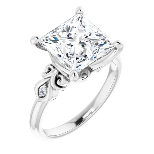 10K White Gold Customizable 3-stone Princess/Square Cut Design with Small Round Accents and Filigree