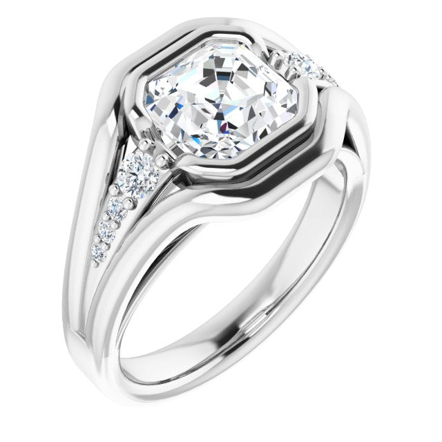 Cubic Zirconia Engagement Ring- The Naira (Customizable 9-stone Asscher Cut Design with Bezel Center, Wide Band and Round Prong Side Stones)