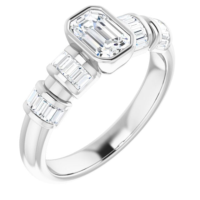 10K White Gold Customizable Bezel-set Emerald/Radiant Cut Design with Quad Horizontal Band Sleeves of Baguette Accents