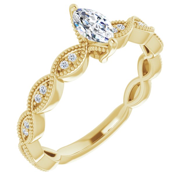 10K Yellow Gold Customizable Marquise Cut Artisan Design with Scalloped, Round-Accented Band and Milgrain Detail