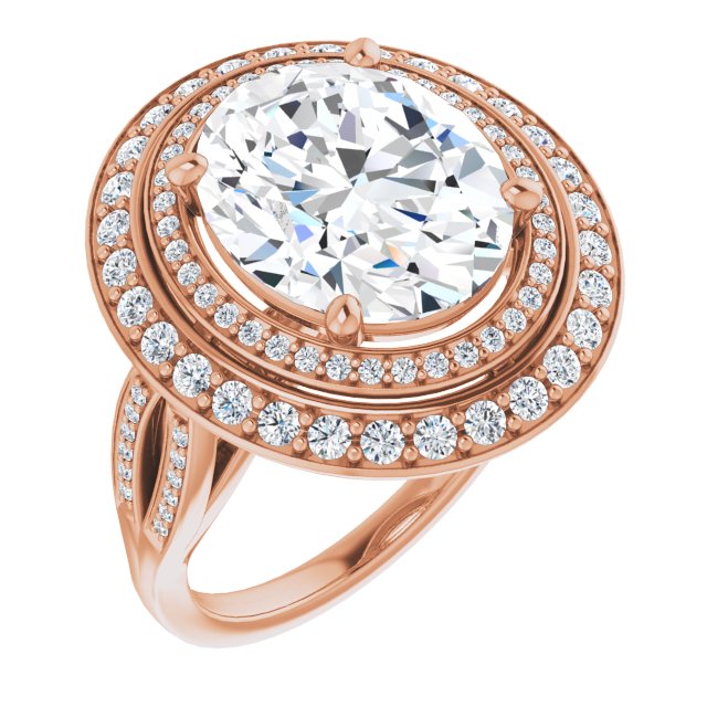 10K Rose Gold Customizable Cathedral-style Oval Cut Design with Double Halo & Split-Pavé Band