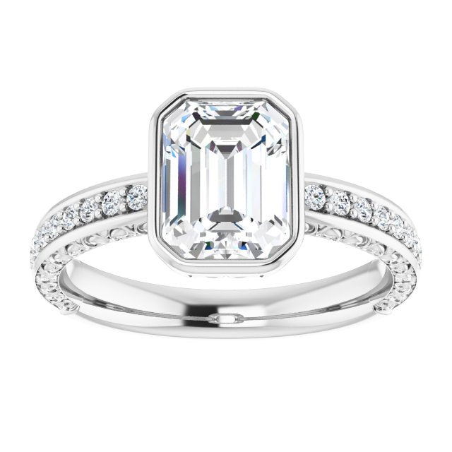 Cubic Zirconia Engagement Ring- The Araceli (Customizable Bezel-set Emerald Cut Design with Cloud-pattern Band & Semi-Eternity Accents)