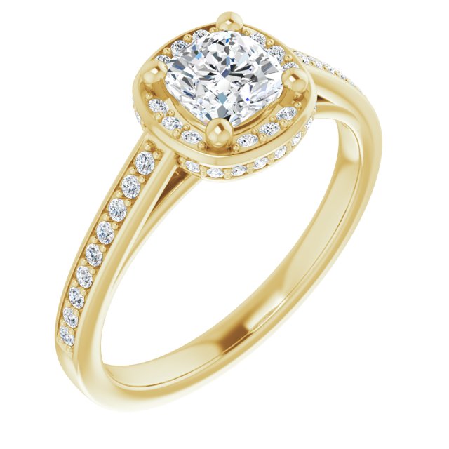 10K Yellow Gold Customizable Cathedral-Halo Cushion Cut Design with Under-halo & Shared Prong Band
