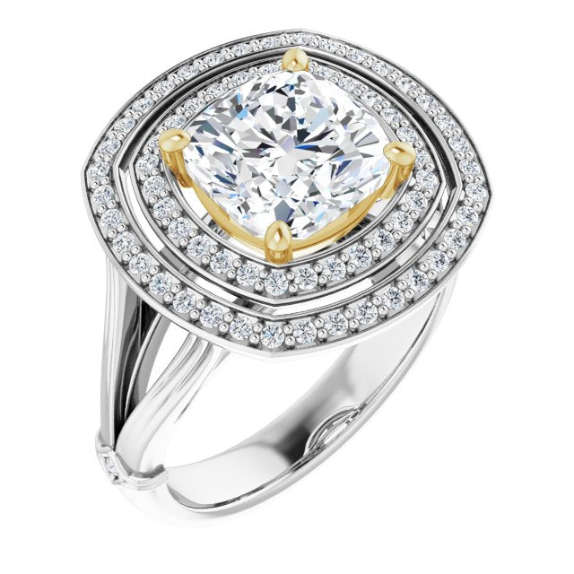 14K White & Yellow Gold Customizable Cathedral-set Cushion Cut Design with Double Halo, Wide Split Band and Side Knuckle Accents