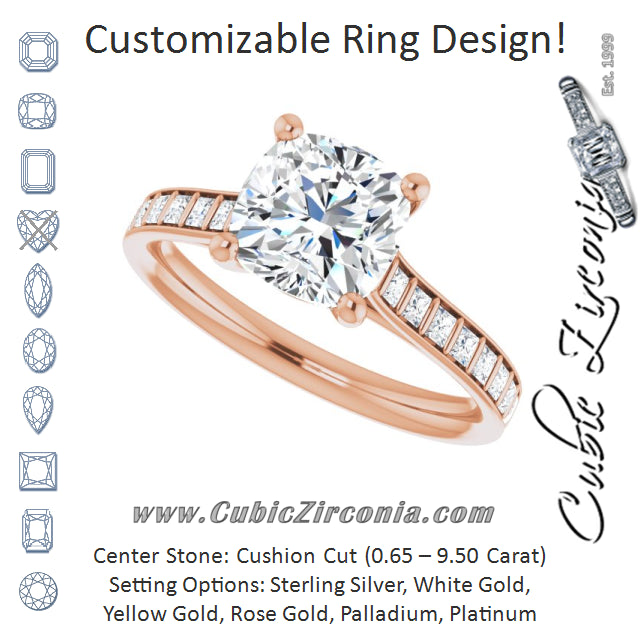 Cubic Zirconia Engagement Ring- The Gloria (Customizable Cushion Cut Style with Princess Channel Bar Setting)