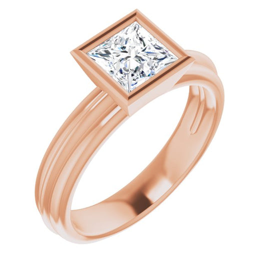 10K Rose Gold Customizable Bezel-set Princess/Square Cut Solitaire with Grooved Band