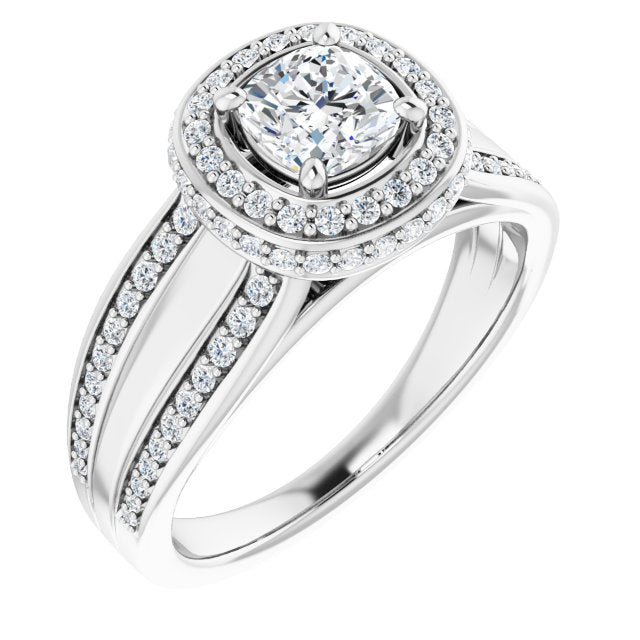 10K White Gold Customizable Halo-style Cushion Cut with Under-halo & Ultra-wide Band