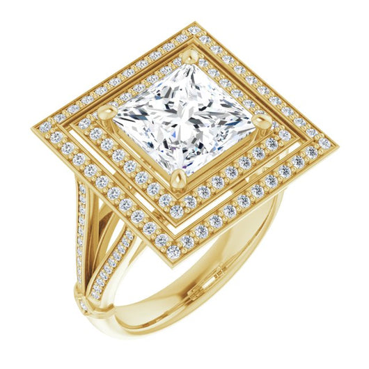 10K Yellow Gold Customizable Cathedral-set Princess/Square Cut Design with Double Halo, Wide Split-Shared Prong Band and Side Knuckle Accents