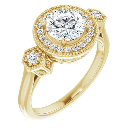 10K Yellow Gold Customizable Cathedral Round Cut Design with Halo and Delicate Milgrain