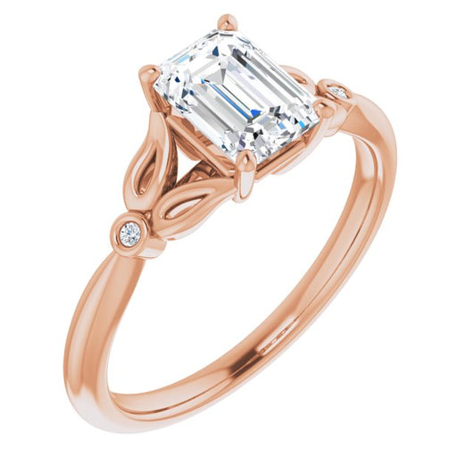 10K Rose Gold Customizable 3-stone Emerald/Radiant Cut Design with Thin Band and Twin Round Bezel Side Stones