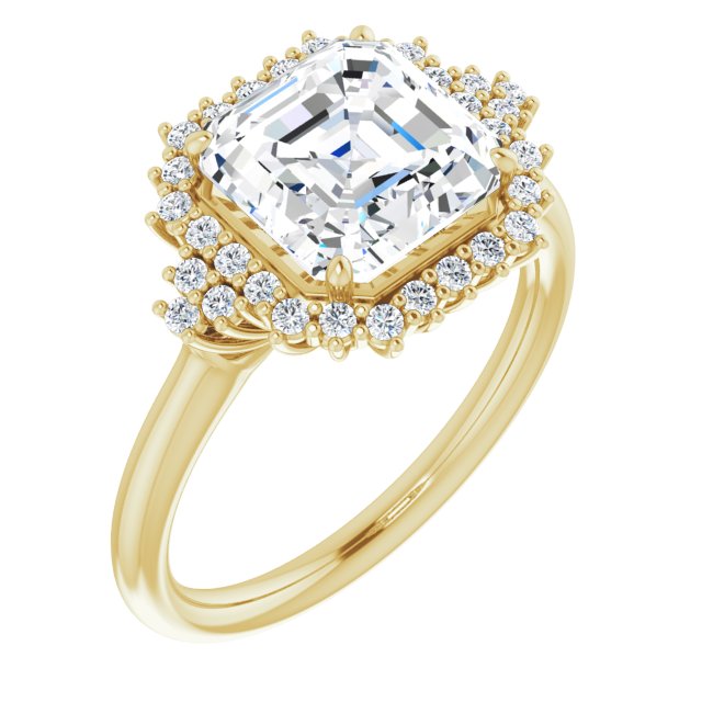 10K Yellow Gold Customizable Asscher Cut Cathedral-Halo Design with Tri-Cluster Round Accents