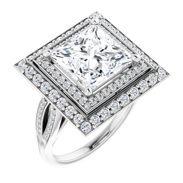 10K White Gold Customizable Cathedral-style Princess/Square Cut Design with Double Halo & Split-Pavé Band