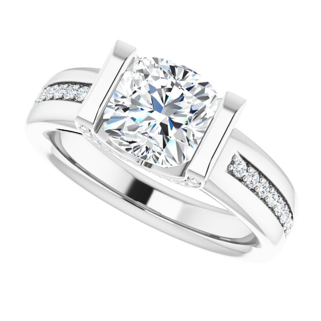 Cubic Zirconia Engagement Ring- The Maryana (Customizable Cathedral-Bar Cushion Cut Design featuring Shared Prong Band and Prong Accents)