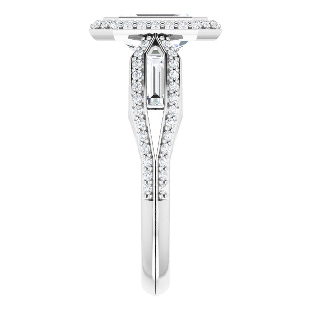 Cubic Zirconia Engagement Ring- The Alekhya (Customizable Cathedral-Bezel Emerald Cut Design with Halo, Split-Pavé Band & Channel Baguettes)