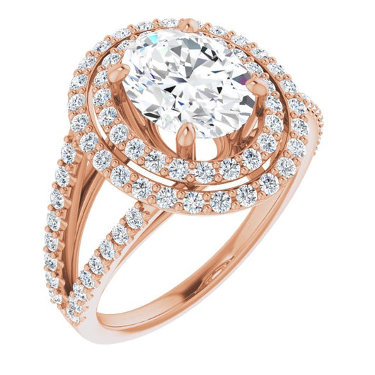 10K Rose Gold Customizable Oval Cut Design with Double Halo and Wide Split-Pavé Band
